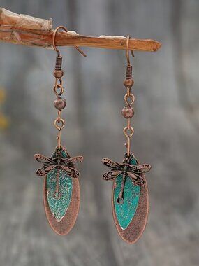 Bohemian Distressed Dragonfly Earring Turquoise Color-Wash Copper Layered Dangle
